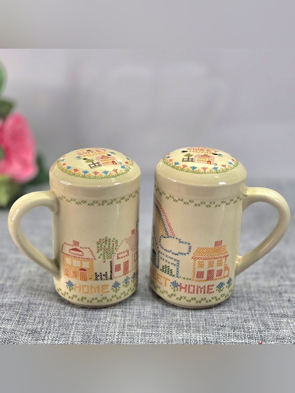 Vintage 1982 Enesco Brandywine Home Sweet Home Salt Pepper Shakers Cross Stitch